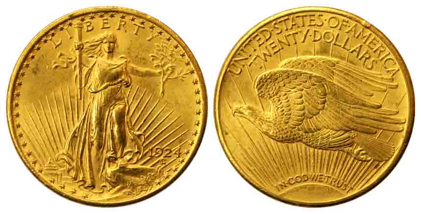 USA, Gold, 33.43 g, 20 Dollars, 1924, Liberty type. About Extremely Fine.
