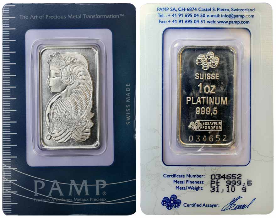 Platinum Token, 31.10 g, Switzerland, 1 oz, 999.5 Fine, PAMP. Packed in plastic casing.
