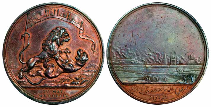Defeat of Tipu Sultan Medal, Bronze, the British Lion attacking the tiger of Tipu Sultan w