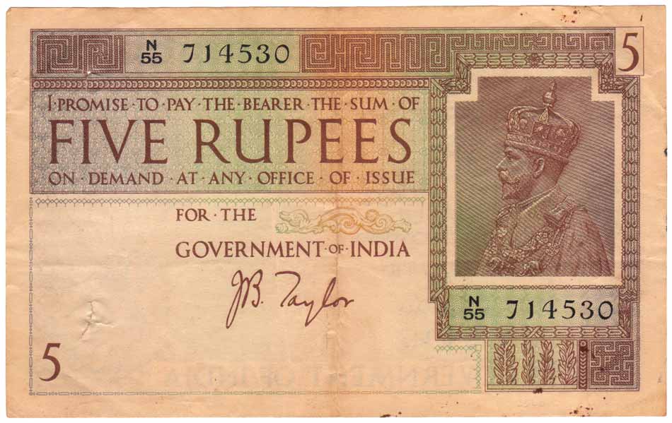 George V, Rs. 5, Big multicolour, Sign J B Taylor (Jhun# 4.2). Very Fine, Rare.