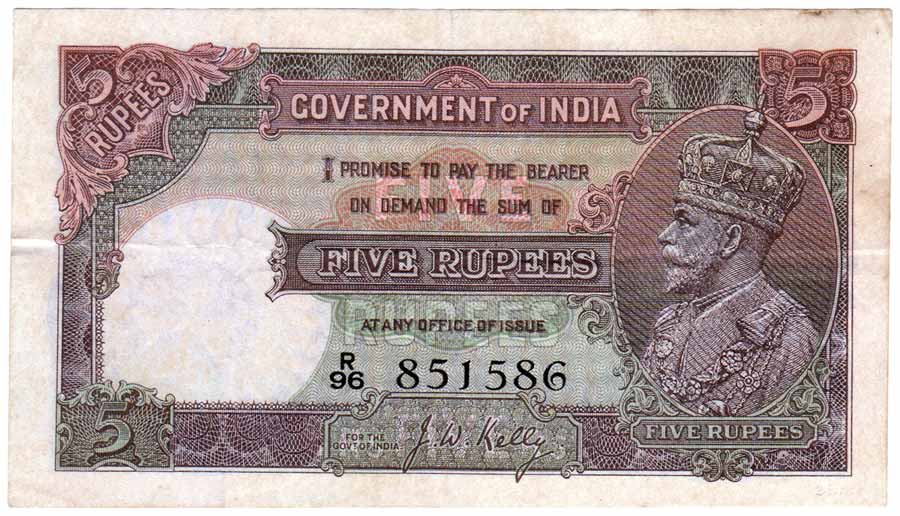 George V, Rs. 5, Small, Sign J B Taylor and J W Kelly (Jhun# 5.1B, 5.2. Pin holes, small s