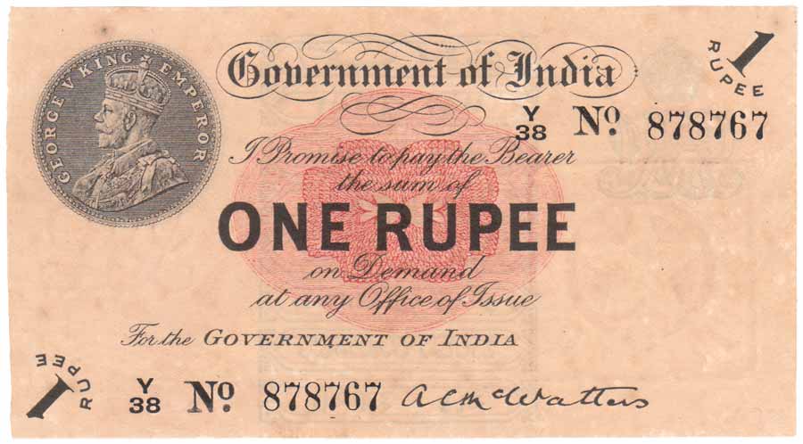George V, Re. 1, Sign A C Macwatters, Prefix Y with correct Gujarati on rev (Jhun# 1.2A). 