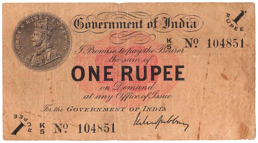 George V, Re. 1, Sign MMS Gubbay, Prefix K with incorrect Gujarati on rev (Jhun# 1.1A). Fo