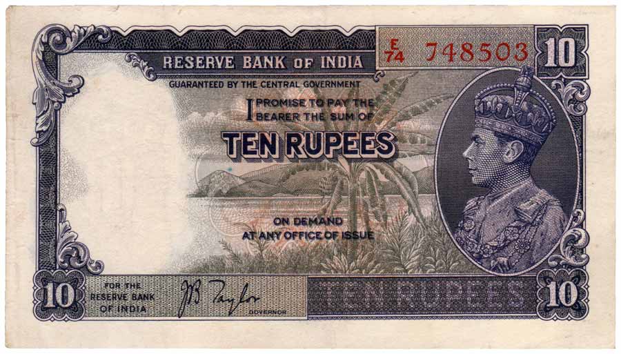 George VI, Rs. 10 (3), Side facing, Sign J B Taylor (2) and C D Deshmulh (Jhun# 5). First 