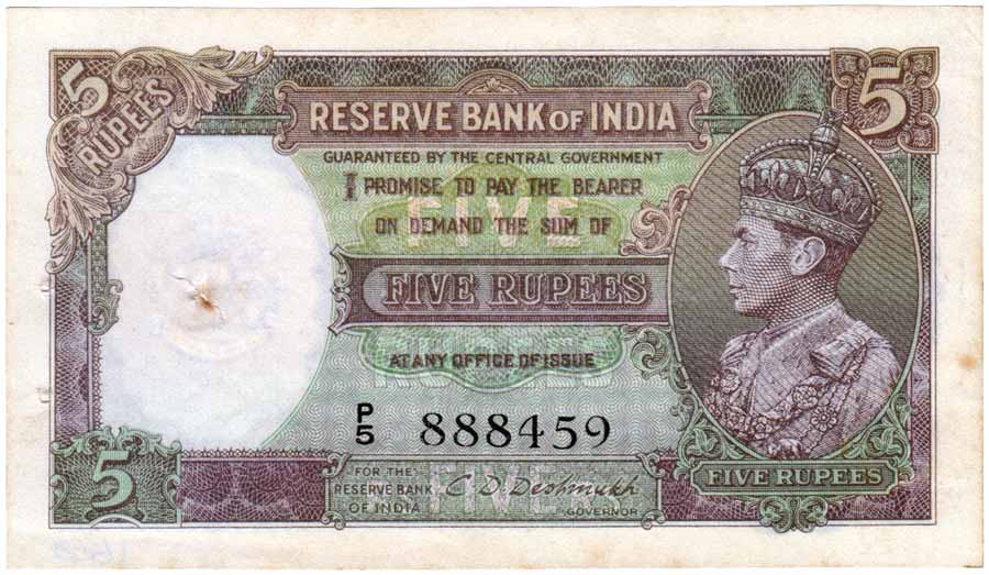 George VI, Rs. 5, Side face, Sign J B Taylor and CD Deshmukh; Burma, Rs. 5, Side Face, Sig