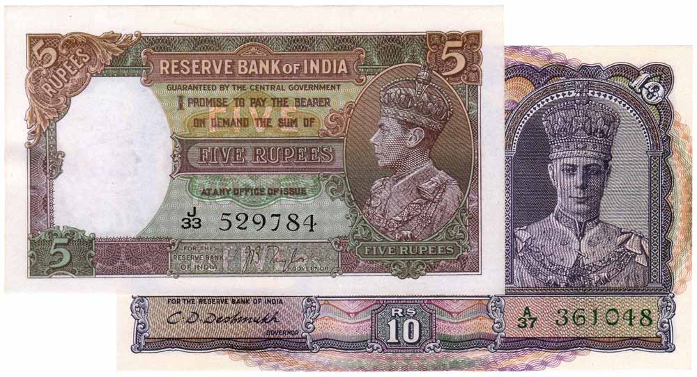 George VI, Rs. 10, front facing, Sign C D Deshmulh, and Rs. 5, side facing, Sign J B Taylo