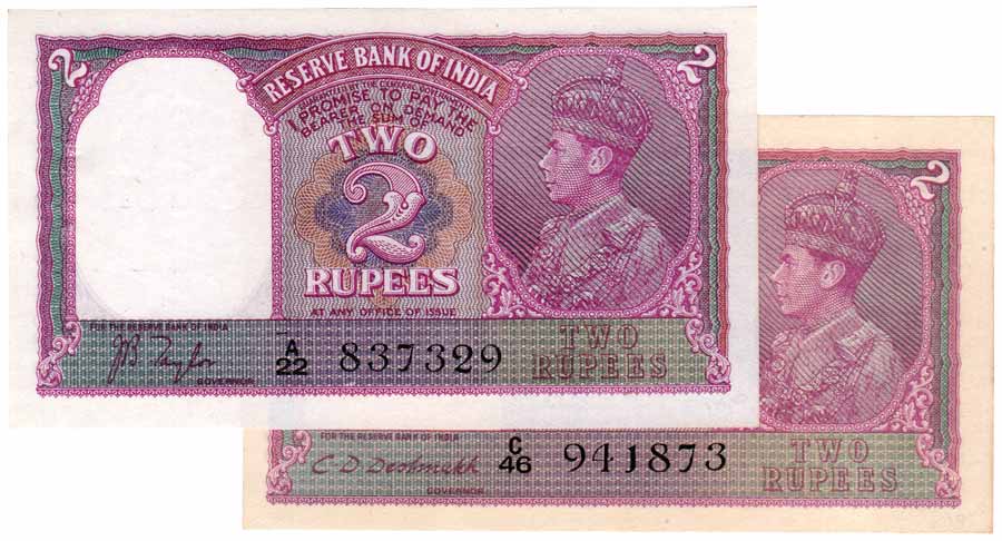 George VI, Rs. 2, Sign JB Taylor and CD Deshmukh (Jhun# 2). Serial Numbers in Black. Both 