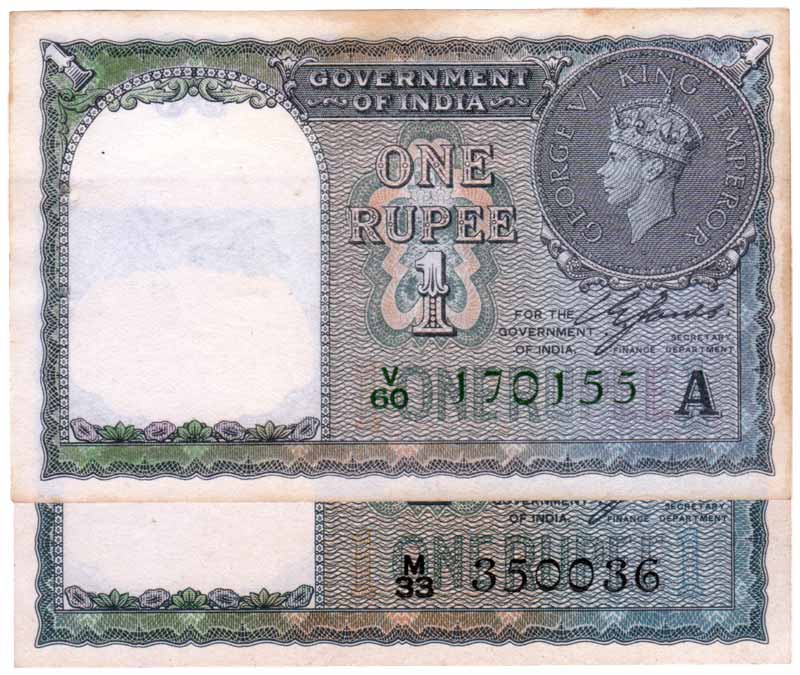 George VI, Re. 1, Sign CE Jones, with A Inset, Green Serial Nos. and without A Inset, Blac