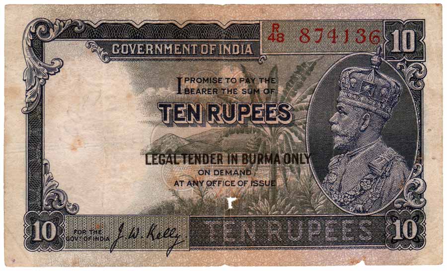 Burma, George V, Rs. 10, Small Blue, Sign J W Kelly, overprint in Black on rev, LEGAL TEND