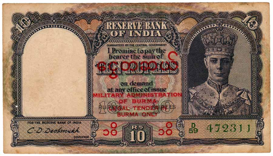 Burma, George VI, Rs. 10, Sign CD Deshmukh, overprint in Red on rev, BURMA CURREMCY BOARD 