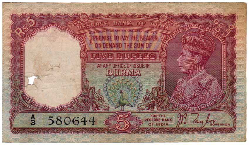 Burma, George VI, Rs. 5, Sign JB Taylor, Peacock type (Jhun# 4.1). Pin holes, About Very F