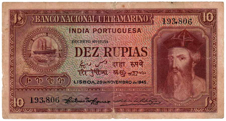 Indo-Portuguese, Rs. 10, 6th Issue of 1945 (Jhun# 30). Folded, pin holes, Fine+, Rare.