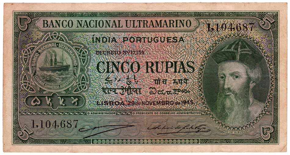 Indo-Portuguese, Rs. 5, 6th Issue of 1945 (Jhun# 29). Folded, pin holes, About Very Fine, 