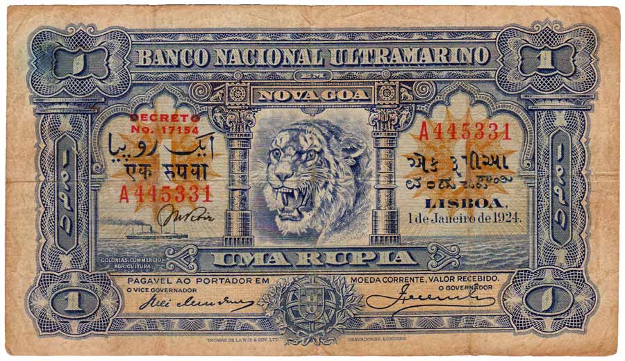 Indo-Portuguese, Re. 1, 3rd Issue of 1924, tiger head in the centre (Jhun# 13.1). Folded, 