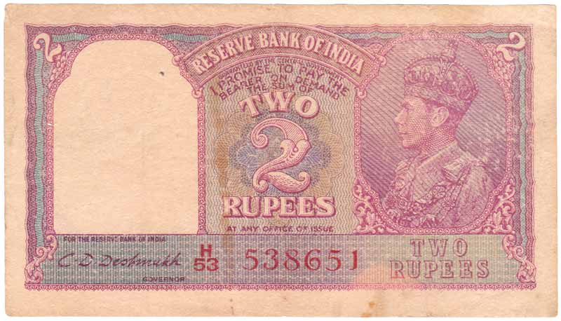 Republic of India, Rs. 2, Sign CD Deshmukh, George VI issue with Red Serial Nos. (Jhun# 2.