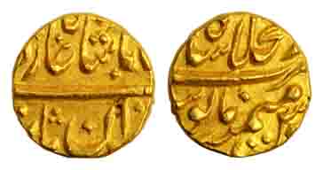 Muhammad Shah, Gold, ½ Mohur, Shahjahanabad Mint, Sahib Qiran type. About Extremely Fine, 