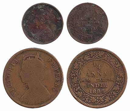 Copper (2), ¼ Anna and 1/12 Anna, 1888, Bombay Mint, with the name and portrait of Victori