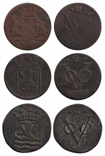 Copper (21), VOC Coins, all different years: 1730, 1734, 1735, 1736, 1737, 1739, 1744, 174