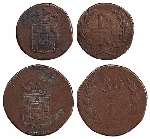 Goa, Maria II, Copper (2), 30 Reis or ½ Tanga and 15 Reis (KM 265, 263). Very Fine, Scarce