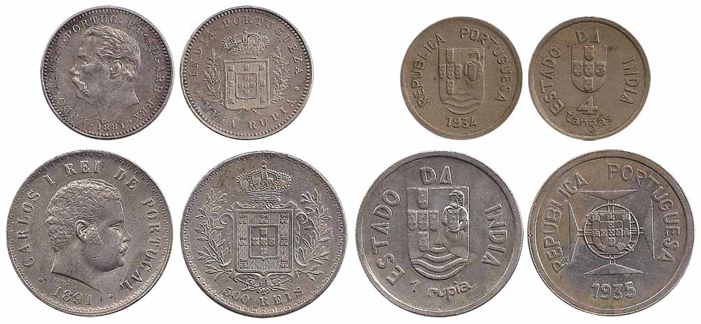 Silver (4), 1 Rupia, 1935; ½ Rupia, 1881; 4 Tangas, 1934; and Portugal, 500 Reis. Very Fin