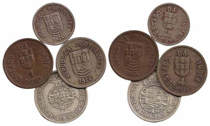 Four denominations: 1 Escudo, 1958; 1 Tanga, 1934; 4 Tangas, 1934; and 2 Tangas, 1934. Ver