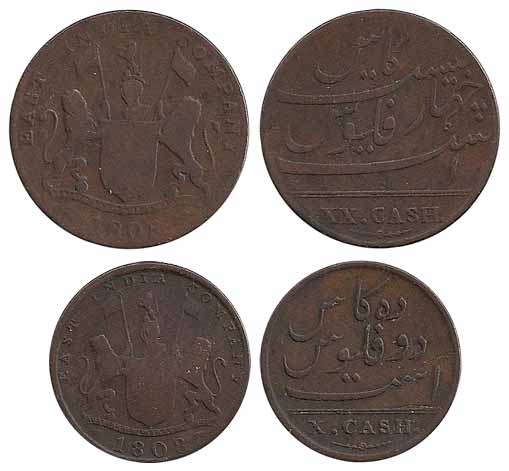 Copper (2), X and XX Cash, 1808. About Very Fine, Scarce. 2 coins