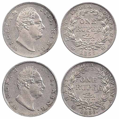 William IV, Silver (2), Rupee, 1835, F incused and RS incused with the reverse die rotated
