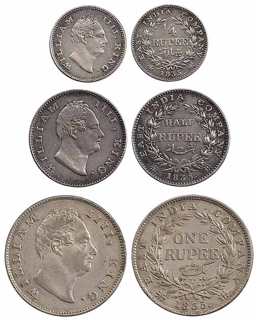 William IV, Silver (3), Set of 3: Rupee, ½ and ¼ Rupee, 1835. Very Fine to Very Fine+, Rar