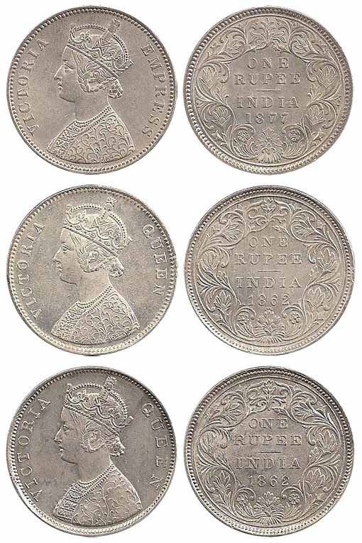Victoria Queen, Silver (3), Rupee, 1862 Dot Rupees: 1/0 and 0/4 Dots; 1877, Calcutta Mint;