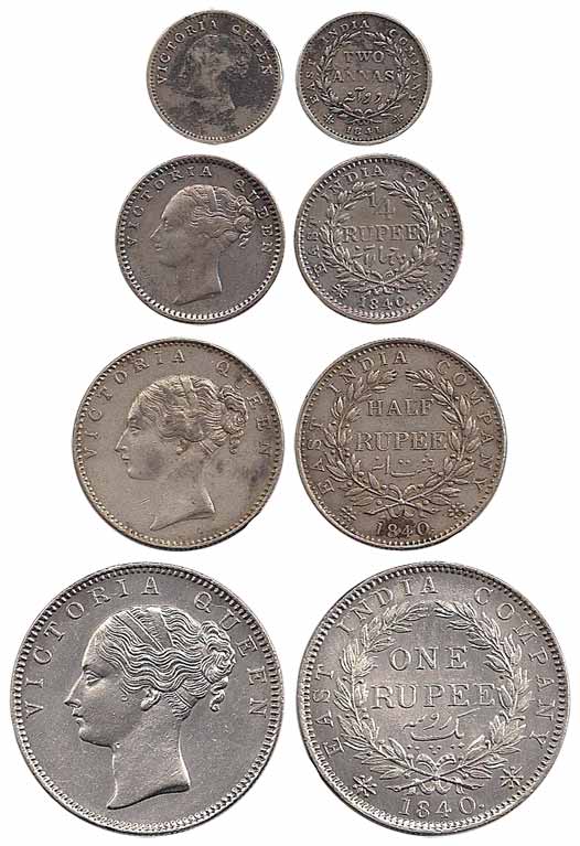 Victoria Queen, Silver (4), Set of 4: Rupee, ½, ¼ Rupee and 2 Annas, 1840, Continuous Lege