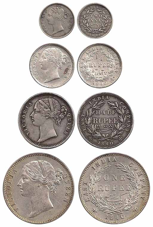 Victoria Queen, Silver (4), Set of 4: Rupee, ½, ¼ Rupee and 2 Annas, 1840, Divided Legend.