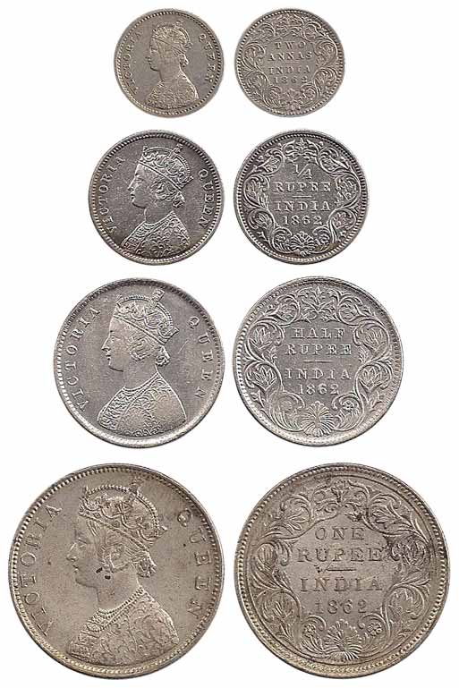 Victoria Queen, Silver (4), Set of 4: Rupee, ½, ¼ Rupee and 2 Annas, 1862. Very Fine to Ve