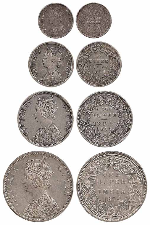 Victoria Queen, Silver (4), Set of 4: Rupee, ½, ¼ Rupee and 2 Annas, 1874. Very Fine to Ve