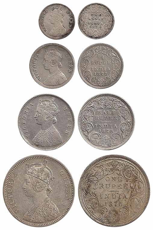 Victoria Queen, Silver (4), Set of 4: Rupee, ½, ¼ Rupee and 2 Annas, 1875. Very Fine to Ve