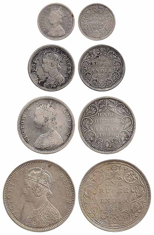 Victoria Queen, Silver (4), Set of 4: Rupee, ½, ¼ Rupee and 2 Annas, 1876. Very Fine to Ve