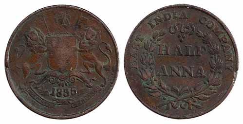Copper (50), ½ Anna, Coat of Arms of the Company on obv, HALF ANNA within a wreath on rev,