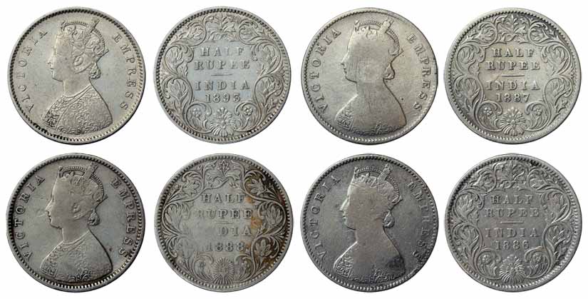 Victoria Empress, Silver (7), ½ Rupee, 1886, 1887, 1888, 1889, 1893, 1898 and 1899. Very F