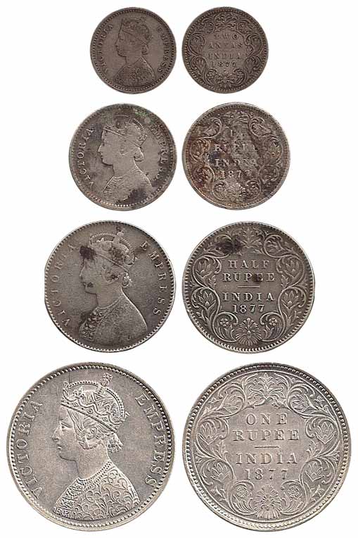 Victoria Empress, Silver (4), Set of 4: Rupee, ½, ¼ Rupee and 2 Annas, 1877. Very Fine to 