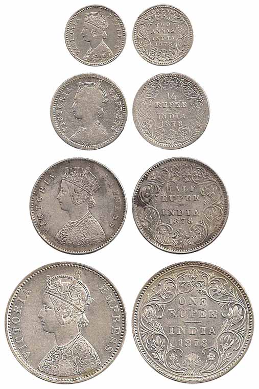 Victoria Empress, Silver (4), Set of 4: Rupee, ½, ¼ Rupee and 2 Annas, 1878. Very Fine to 