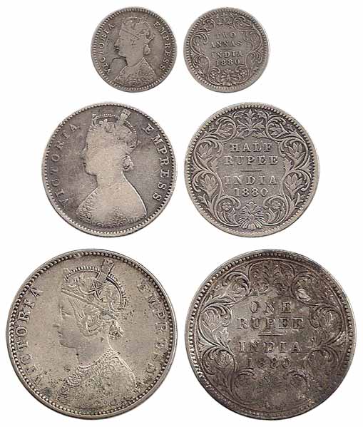 Victoria Empress, Silver (3), Set of 3: Rupee, ½ Rupee and 2 Annas, 1880. Very Fine+, Extr