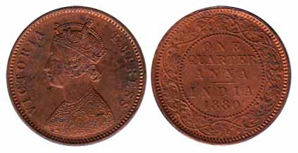 Victoria Empress, Copper , ¼ Anna, 1880, Calcutta Mint. UNC, Rare.