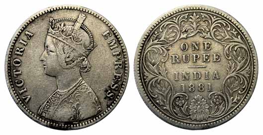Victoria Empress, Silver, Rupee, 1881, Calcutta Mint. Very Fine, Scarce.