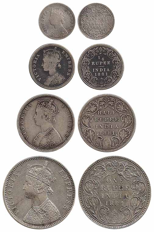 Victoria Empress, Silver (4), Set of 4: Rupee, ½, ¼ Rupee and 2 Annas, 1881. Very Fine to 