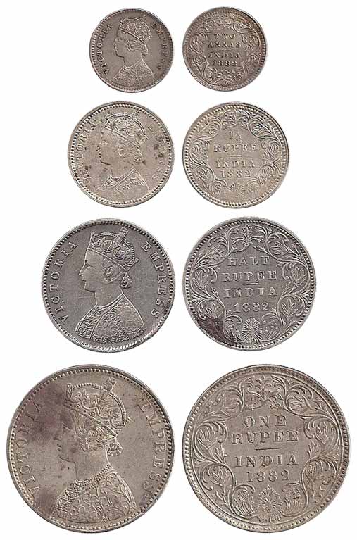 Victoria Empress, Silver (4), Set of 4: Rupee, ½, ¼ Rupee and 2 Annas, 1882. Very Fine+, R