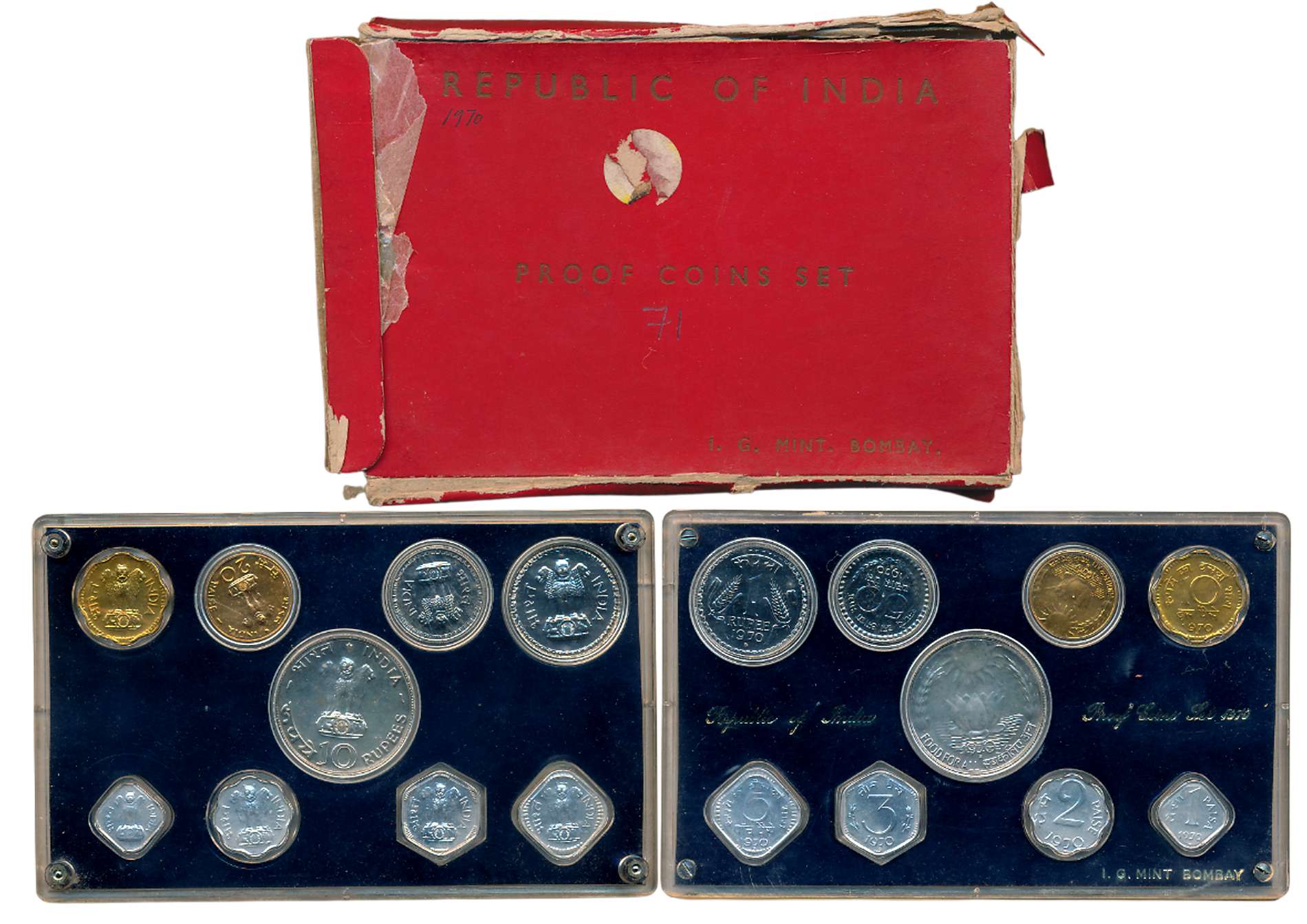 1970, Proof set of 9, Rupees 10, &1, Paisa 50, 20, 10, 5, 3, 2 & 1, “Food for All”, Bombay