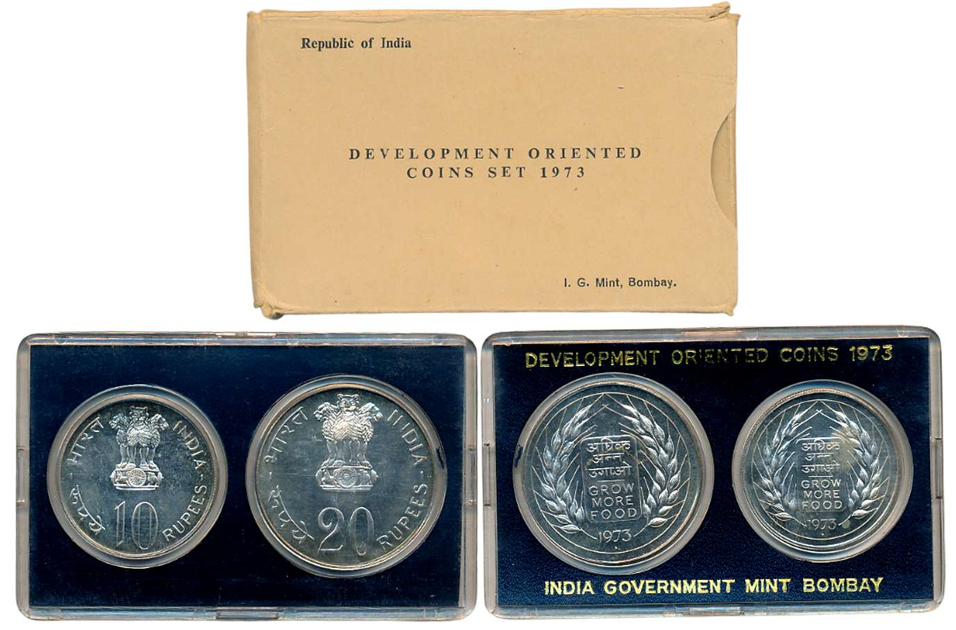1973, Development Oriented Coins Set of 2, Rupees 20 & 10, “Grow More Food”, Bombay Mint (