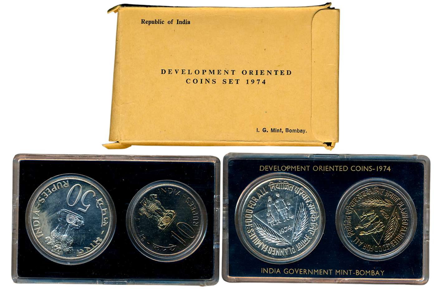 1974, Development Oriented Coins Set of 2, Rupees 50 & 10, “Planned Families Food for all”