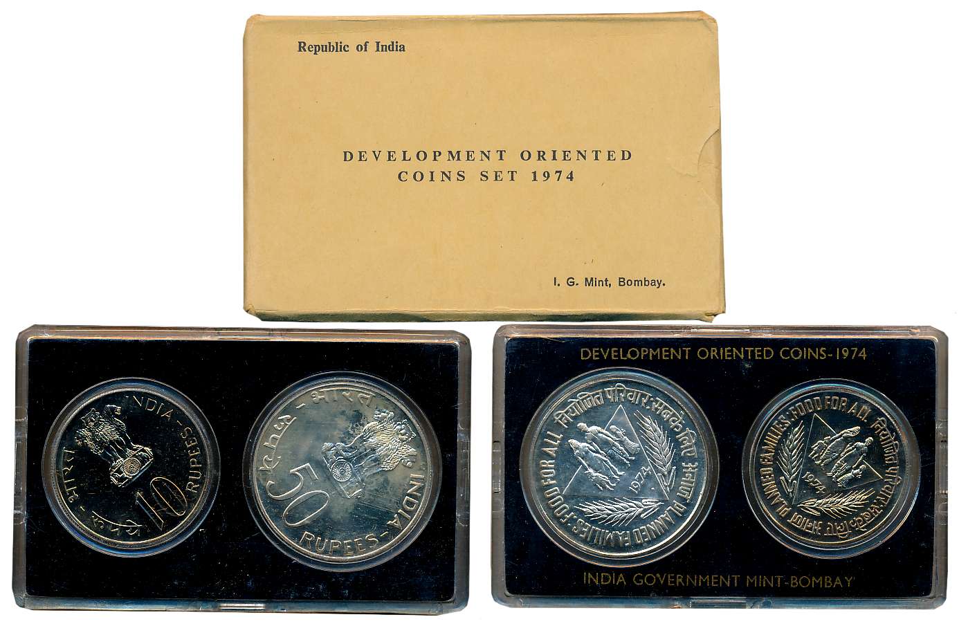 1974, Development Oriented Coins, Set of 2, Rupees 50 & 10, “Planned Families Food for all