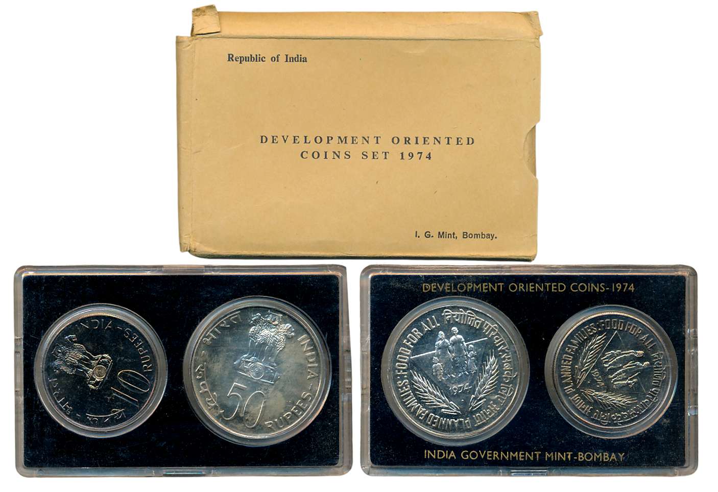 1974, Development Oriented Coins, Set of 2, Rupees 50 & 10, “Planned Families Food for all