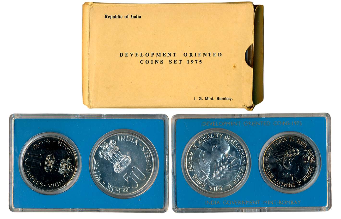 1975, Development Oriented Coins Set of 2, Rupees 50 and 10, “Equality, Development, Peace